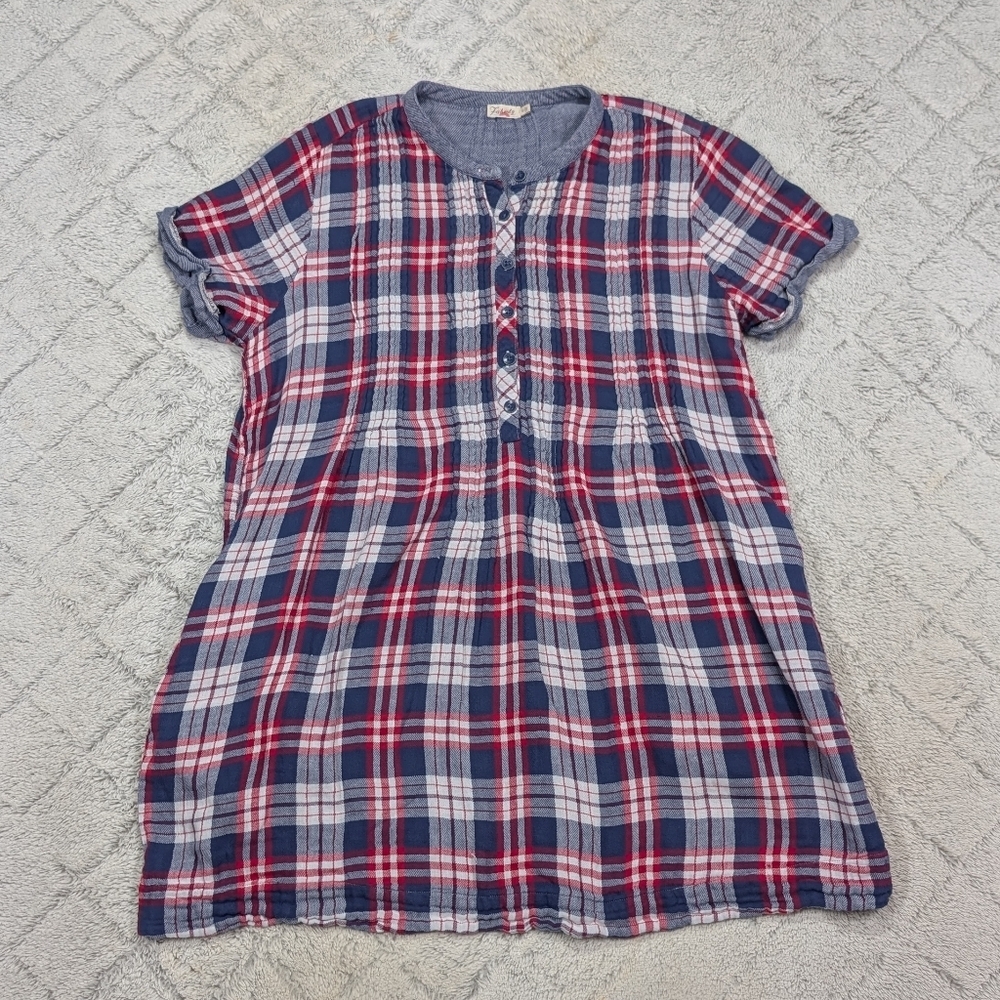 Faherty Dress Womens M Blue Red Plaid Cotton Gauze Mini Pintuck Cottage Prairie